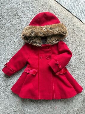 F&F Red Girls Hooded Double-Breasted Coat with Faux Fur Trim